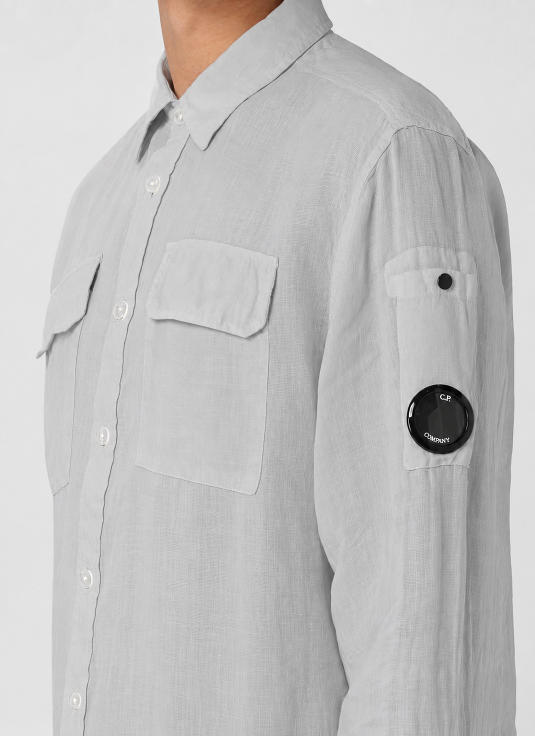 Cp Company 301A Linen Button Up Lens Safari Shirt In Drizzle Grey