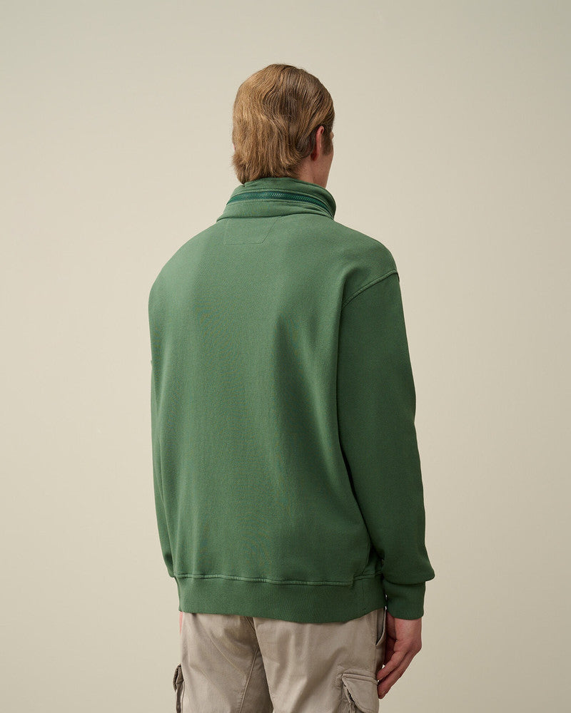 Cp Company 019A Garment Dyed Half Zip Polo Collar Lens Sweatshirt In Duck Green