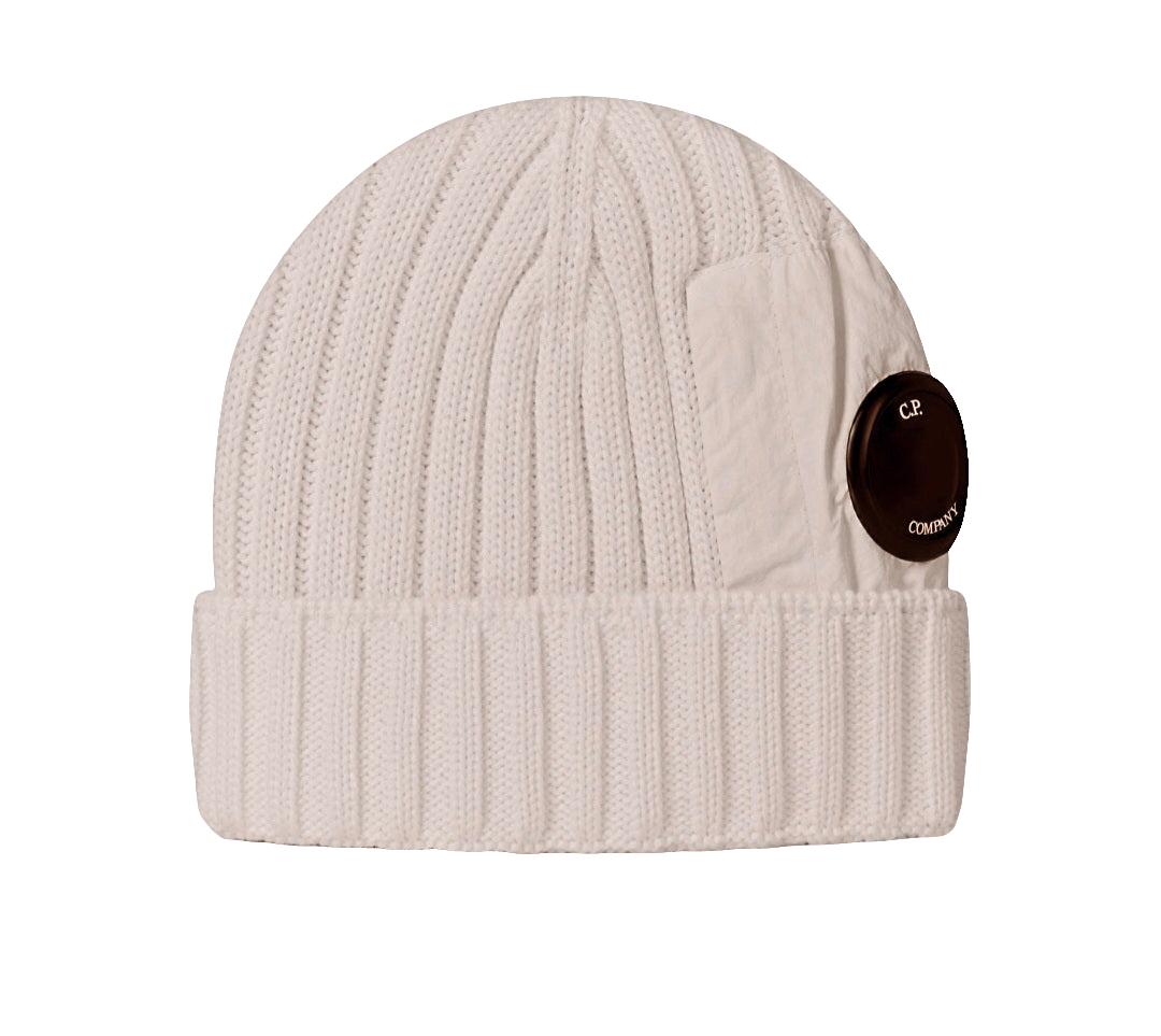 Cp Company Extrafine Merino Wool Mixed Lens Beanie In Off White / Cream