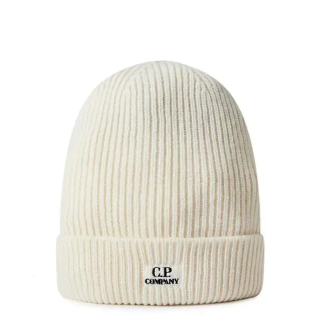 Cp Company Oversized Fit Lambswool Patch Logo Beanie in White