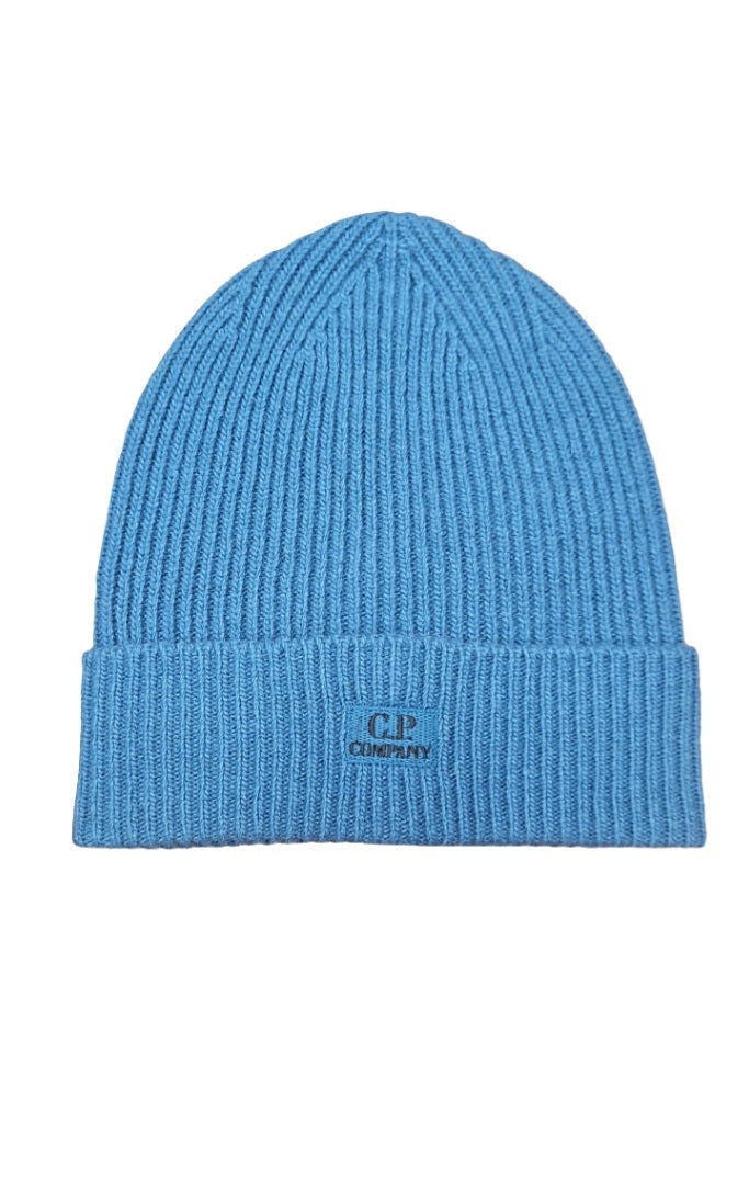 Cp Company Oversized Fit Lambswool Patch Logo Beanie in Spruce Blue