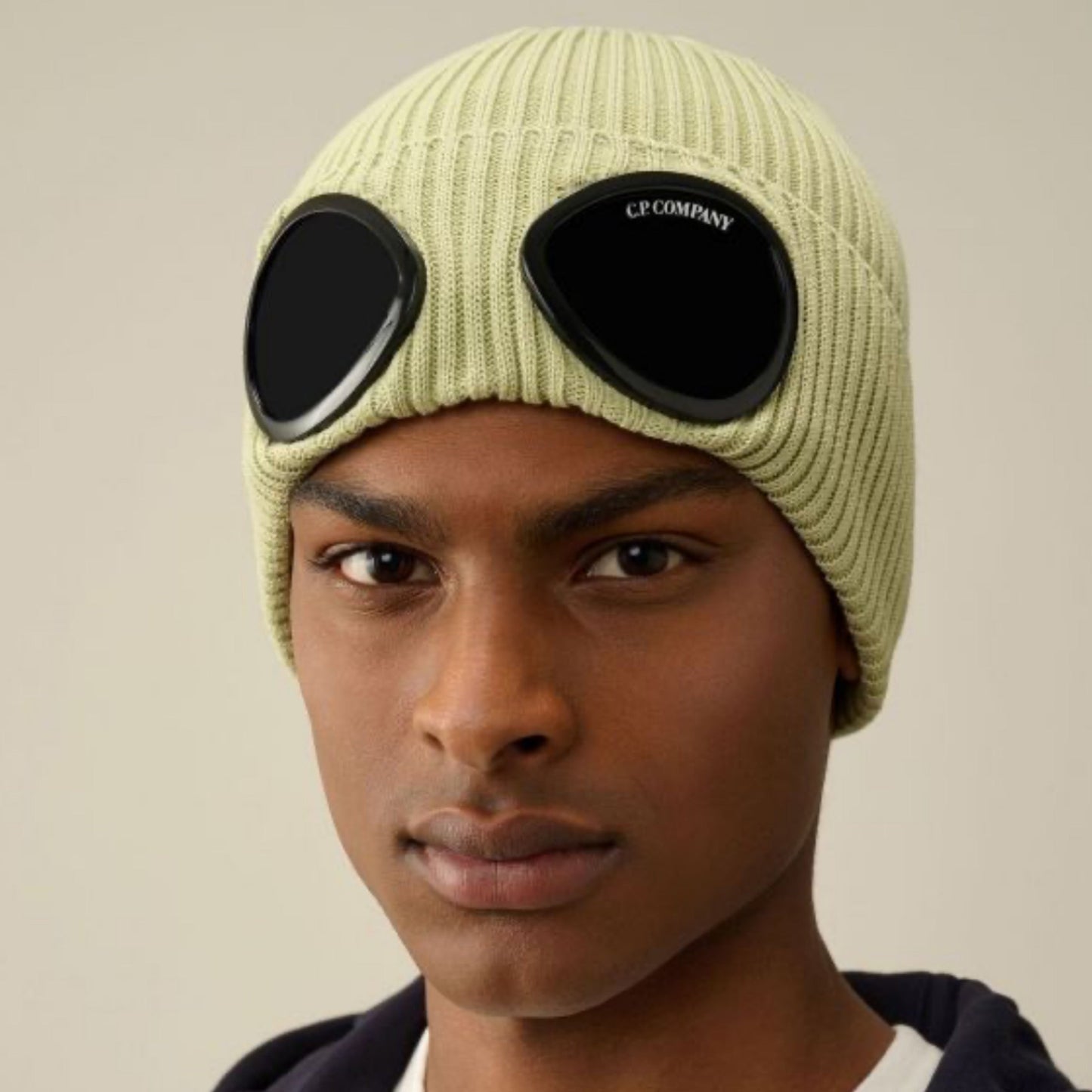 Cp Company Cotton Goggle Beanie In White Pear Green