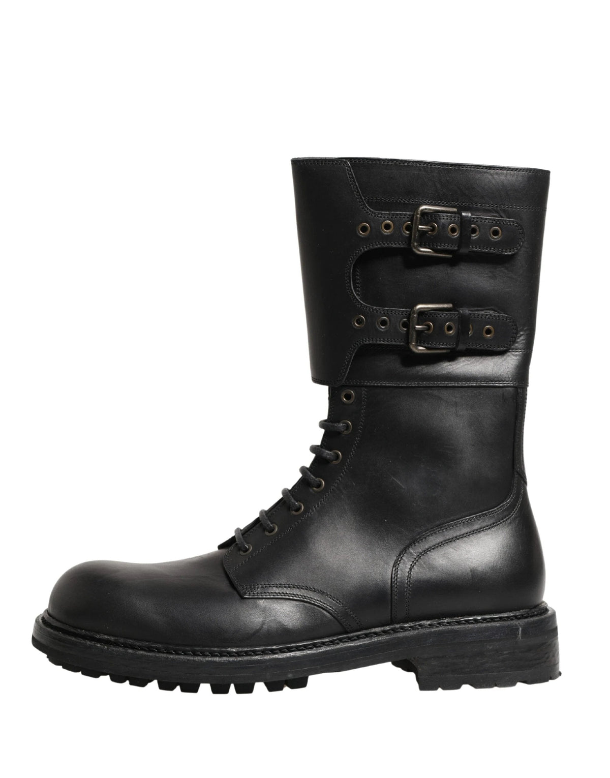 Dolce & Gabbana Black Leather Belted Buckle Combat Boots Shoes