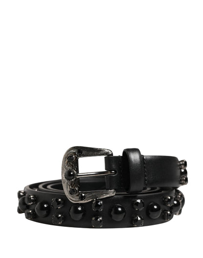 Dolce & Gabbana Men Black Calf Embellished Metal Buckle Belt