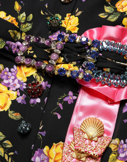 Dolce & Gabbana Black Purple Crystal Brooch Silk Midi Dress