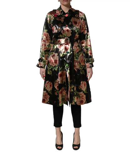 Dolce & Gabbana Black Floral Belted Polyester Trench Coat Jacket