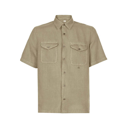Cp Company Short Sleeve Logo Linen Shirt In Cobblestone