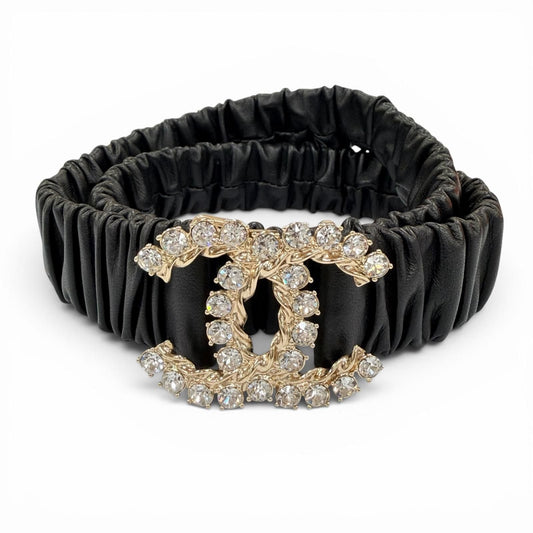 Chanel 21c CC Logo Rhinestone Leather Rubber Belt Black Gold