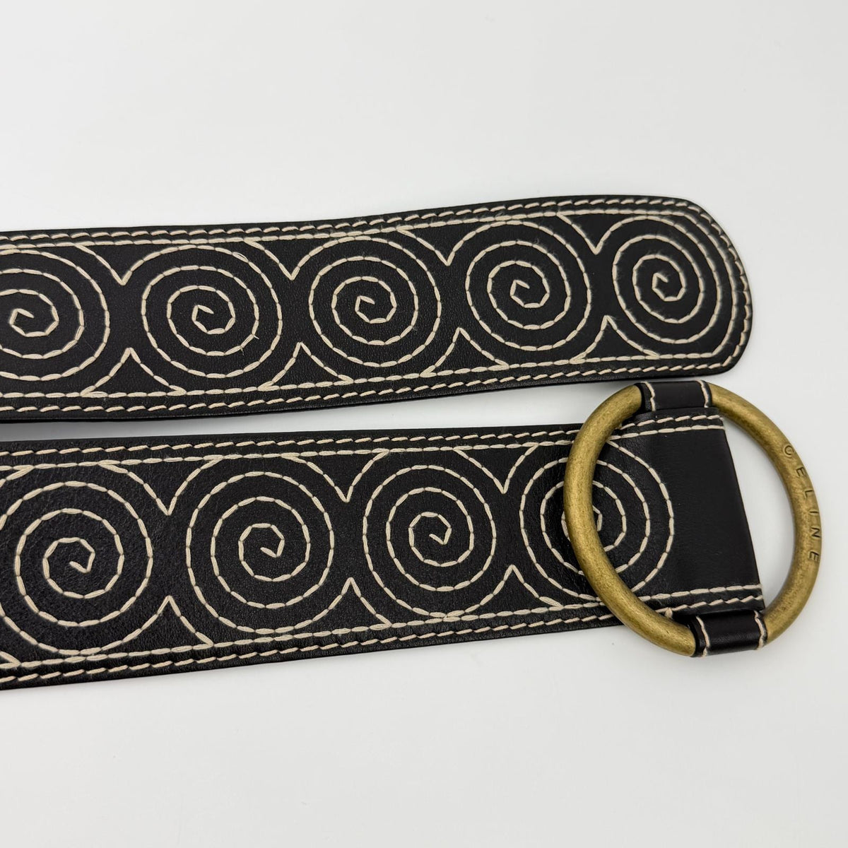 Celine Circle Buckle Spiral Pattern Leather Belt Brown Gold Vintage