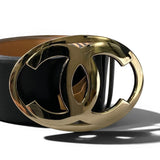 Load image into Gallery viewer, Chanel CC Logo Big Buckle Leather Belt 34 85 Black Gold