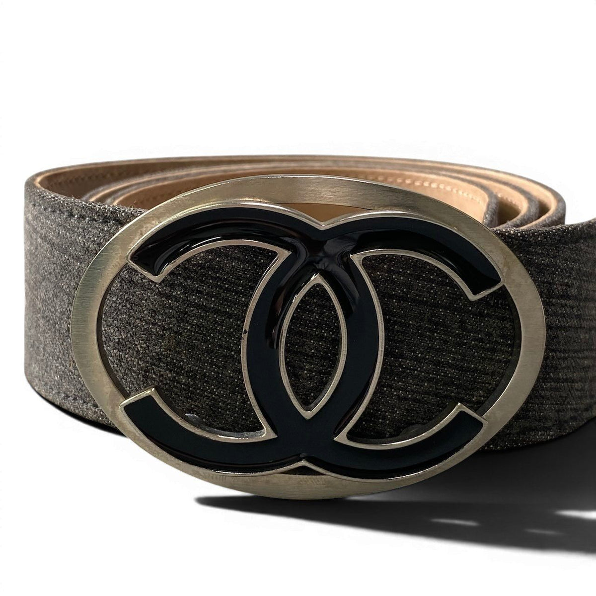 Chanel CC Logo Buckle Denim Leather Belt 36 90 Gray