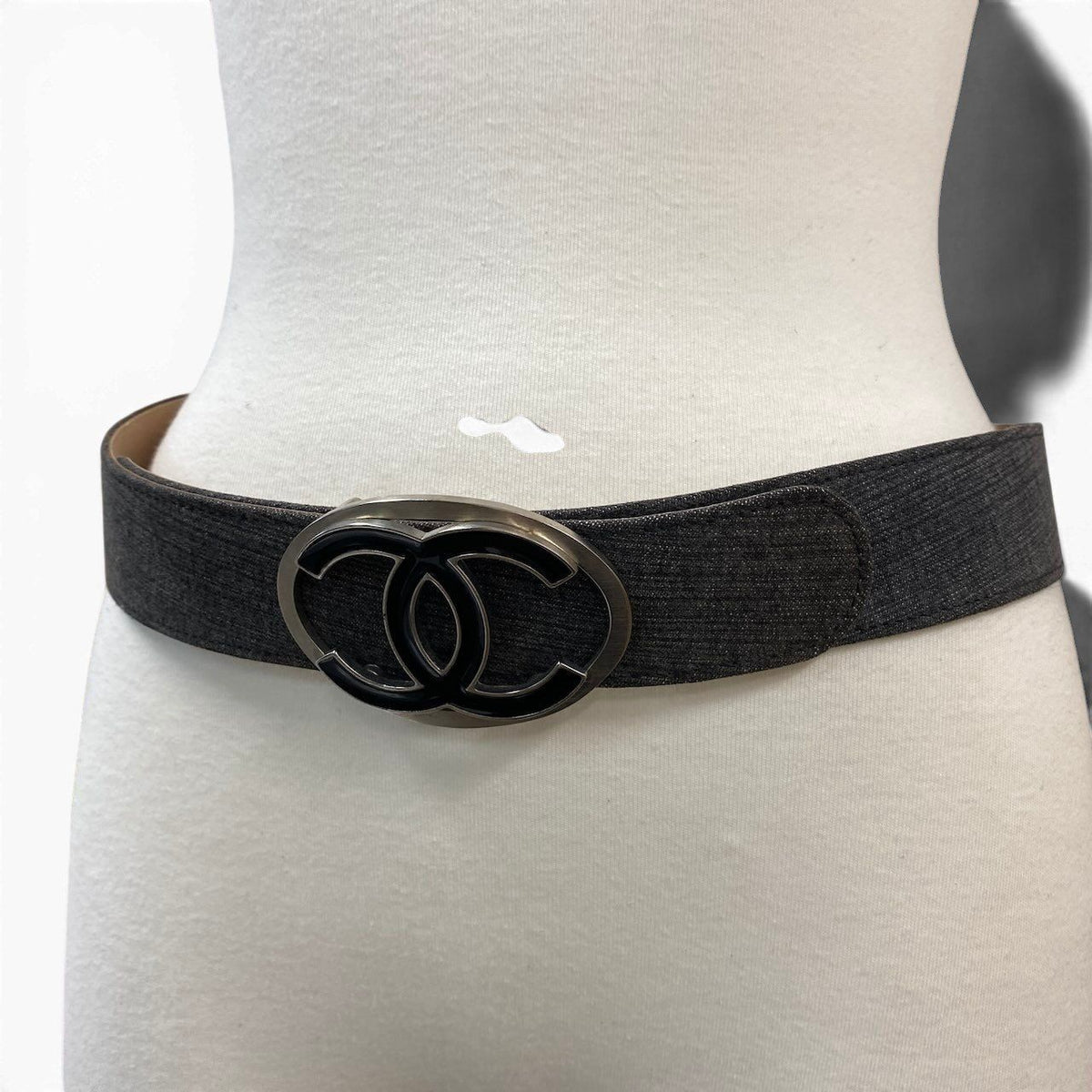 Chanel CC Logo Buckle Denim Leather Belt 36 90 Gray