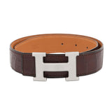 Load image into Gallery viewer, Hermes Belt Constance Dark Brown Matte Silver Porosus Leather 60