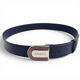 Load image into Gallery viewer, Gucci Daaat Web Detail Buckle Leather Belt Navy Silver 90 Recommended