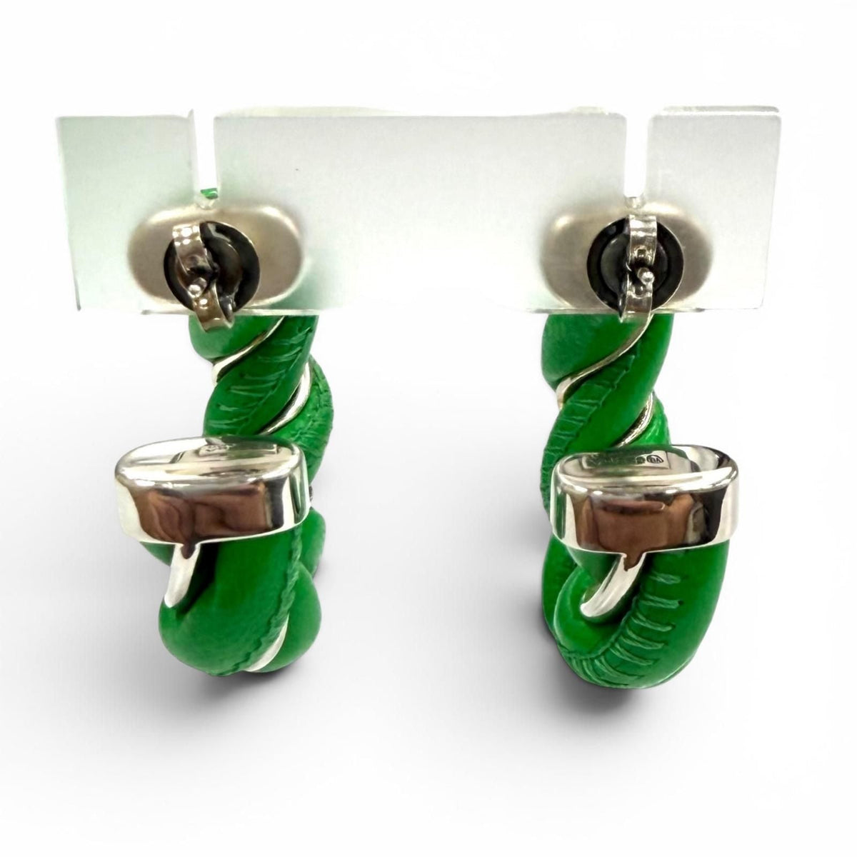 Bottega Veneta 925 Leather Twist Earrings Green Silver