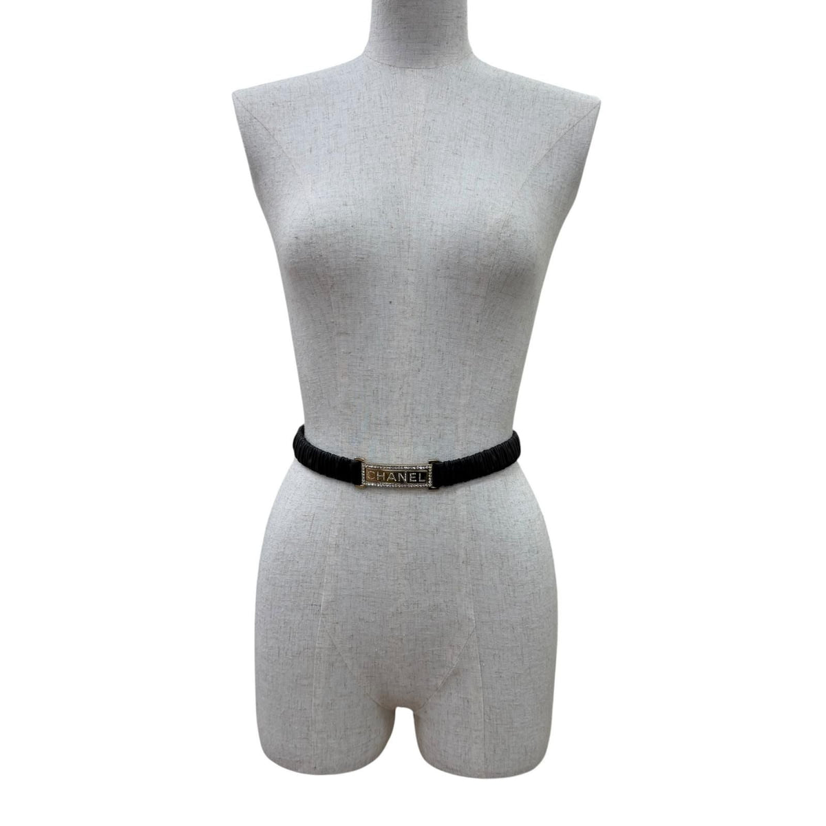 Chanel 23c Logo Buckle Rhinestone Leather Belt Black Gold
