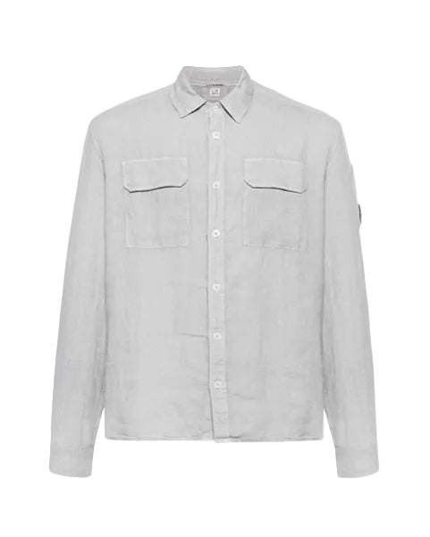 Cp Company 301A Linen Button Up Lens Safari Shirt In Drizzle Grey