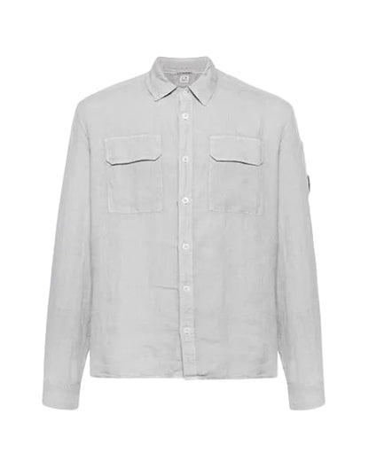 Cp Company 301A Linen Button Up Lens Safari Shirt In Drizzle Grey