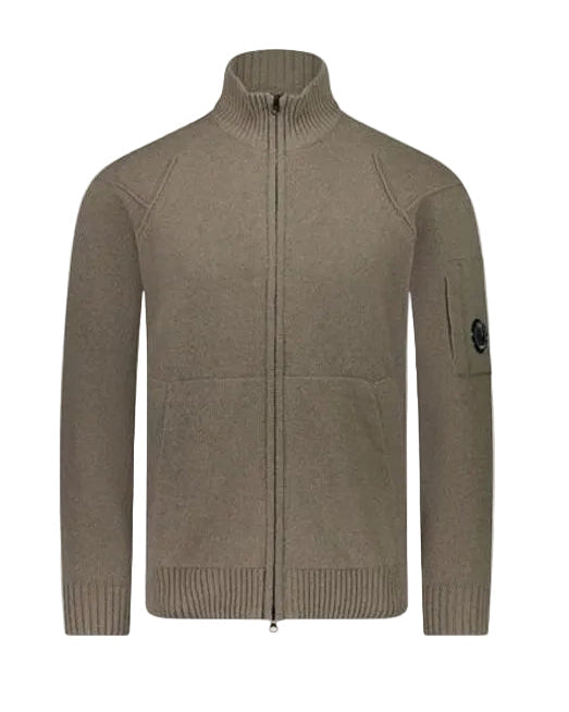Cp Company Lambswool Lens Full Zip Cardigan In Walnut Brown