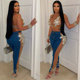 Load image into Gallery viewer, Paris crystal denim pants set (Blue/silver)