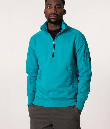 Cp Company Quarter Zip Polo Collar Sweatshirt In Tile Blue