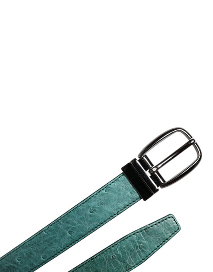 Dolce & Gabbana Green Ostrich Leather Silver Metal Buckle Belt