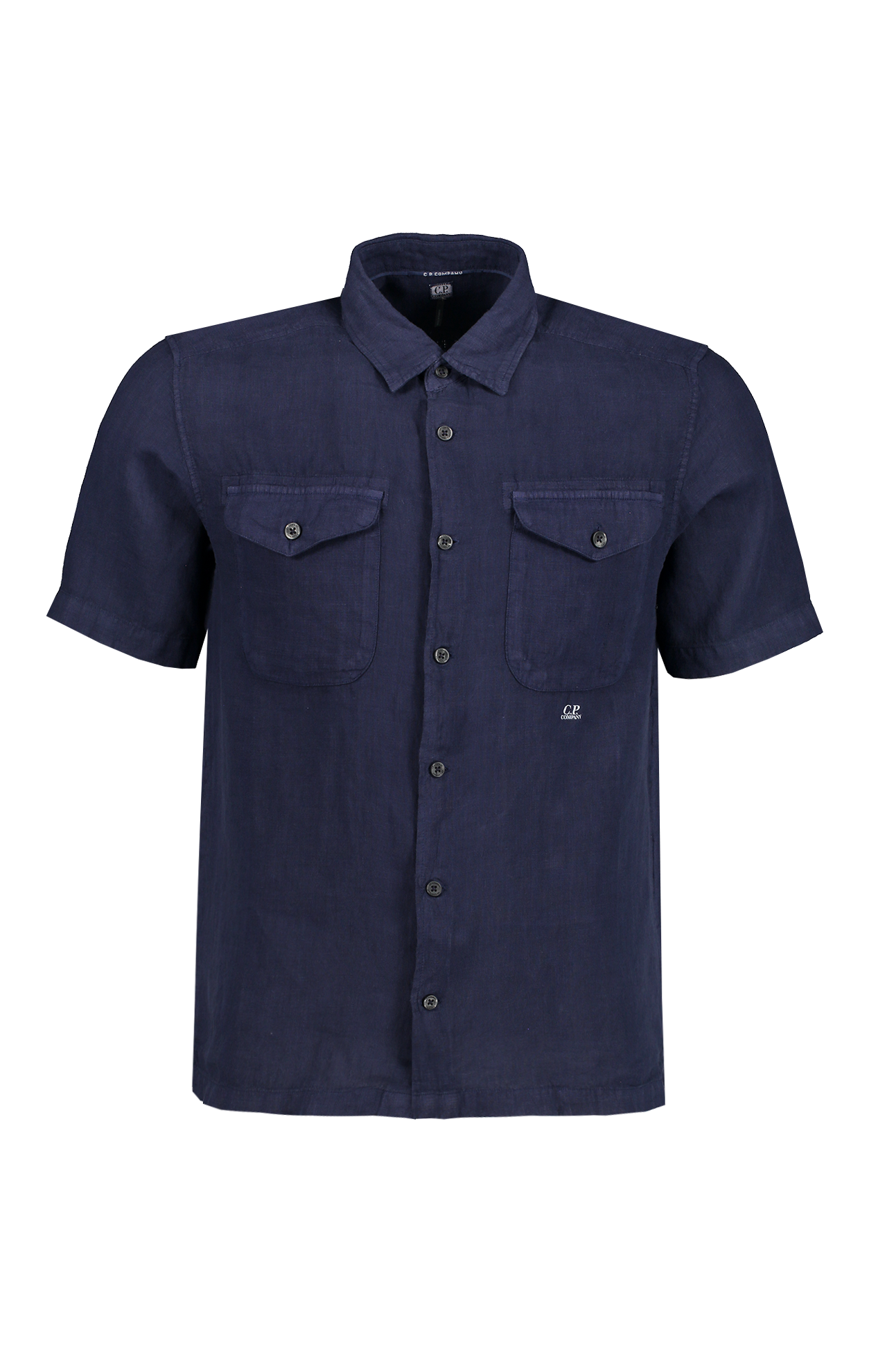 Cp Company Short Sleeve Logo Linen Shirt In Medieval Blue