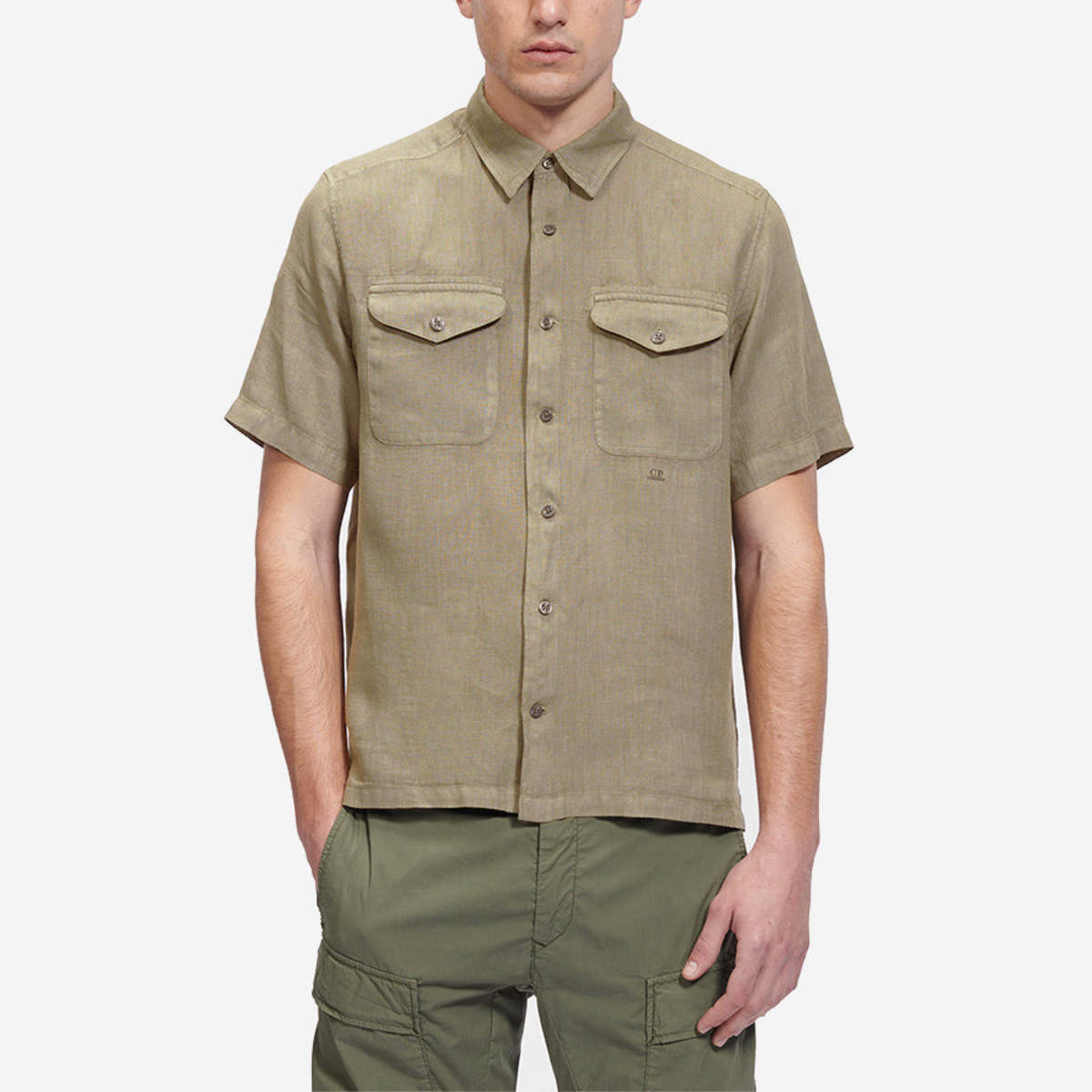 Cp Company Short Sleeve Logo Linen Shirt In Cobblestone