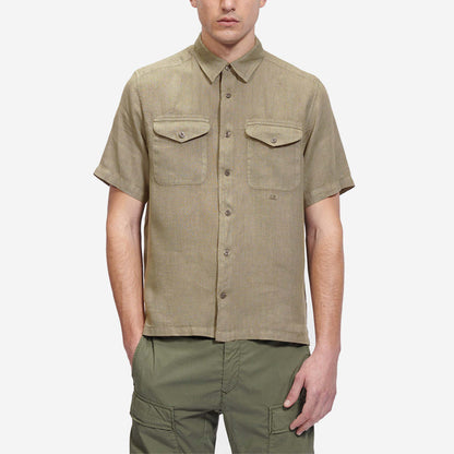 Cp Company Short Sleeve Logo Linen Shirt In Cobblestone