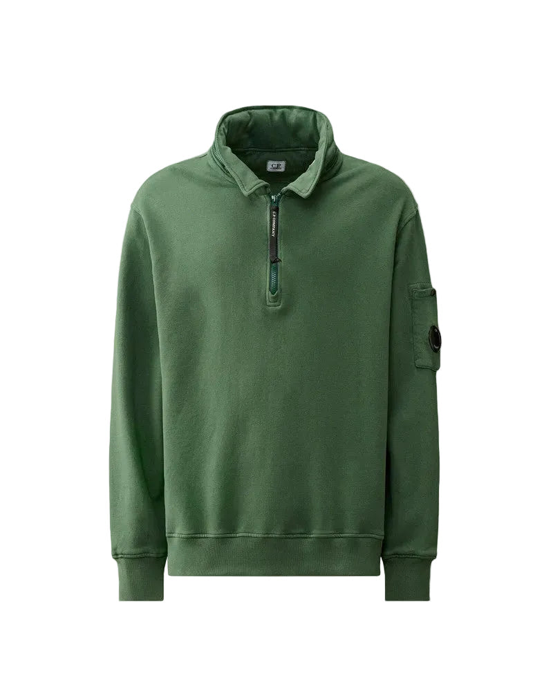 Cp Company 019A Garment Dyed Half Zip Polo Collar Lens Sweatshirt In Duck Green