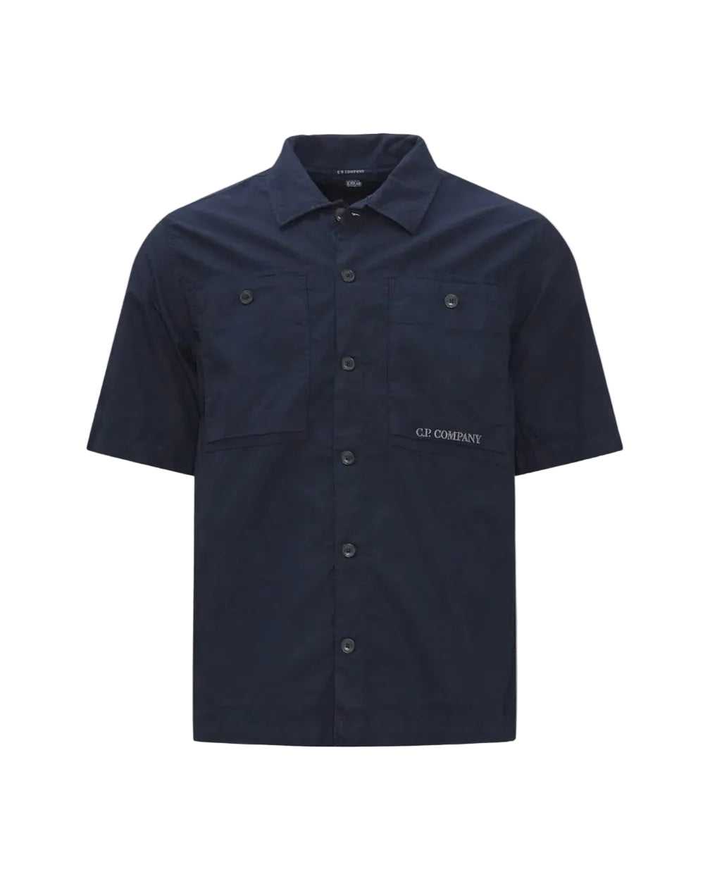 Cp Company Rip-Stop Embroidered Logo Short Sleeve Shirt in Navy