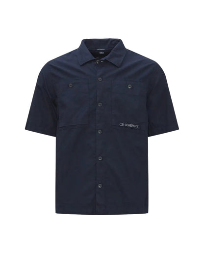 Cp Company Rip-Stop Embroidered Logo Short Sleeve Shirt in Navy