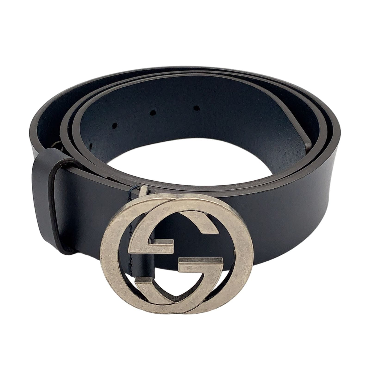 Gucci Interlocking Buckle Leather Black Belt Silver