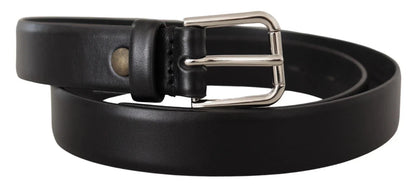 Dolce & Gabbana Black Calf Leather Silver Tone Logo Buckle Belt