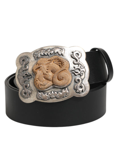 Dolce & Gabbana Black Leather Gothic Dragon Metal Buckle Belt