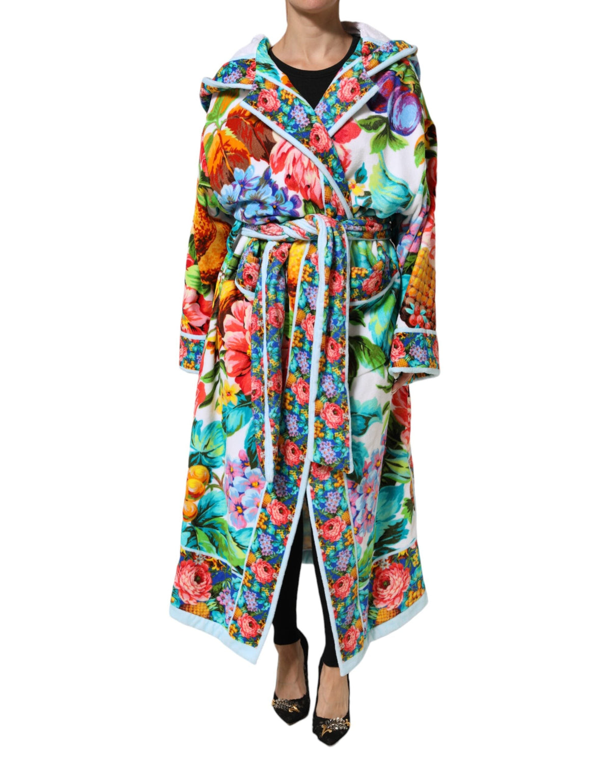 Dolce & Gabbana Multicolor Floral Print Belted Bathrobe Coat Jacket