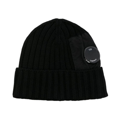 Cp Company Extrafine Merino Wool Mixed Lens Beanie In Black