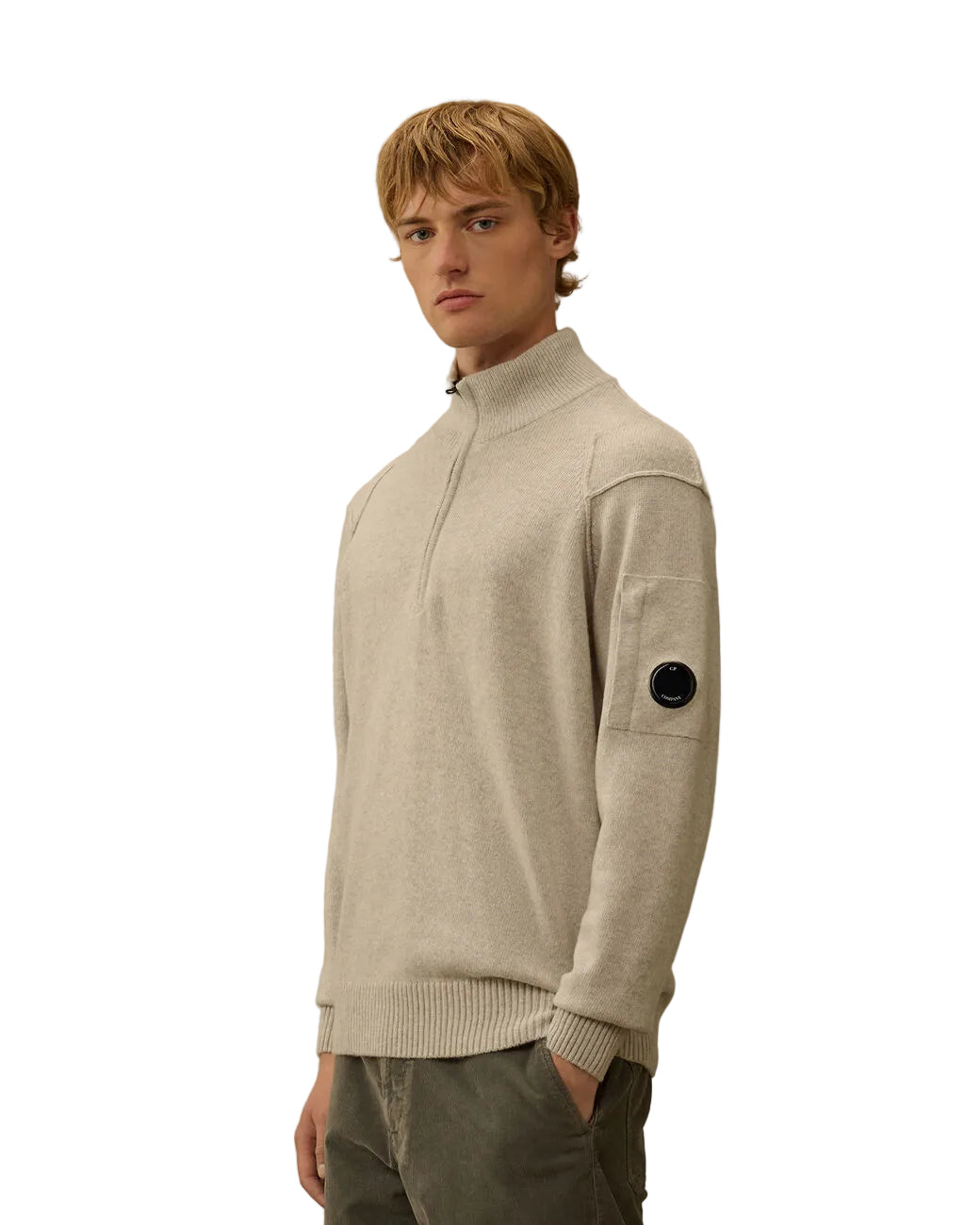 Cp Company Lambswool Grs Half Zip Knit In Off White Melange
