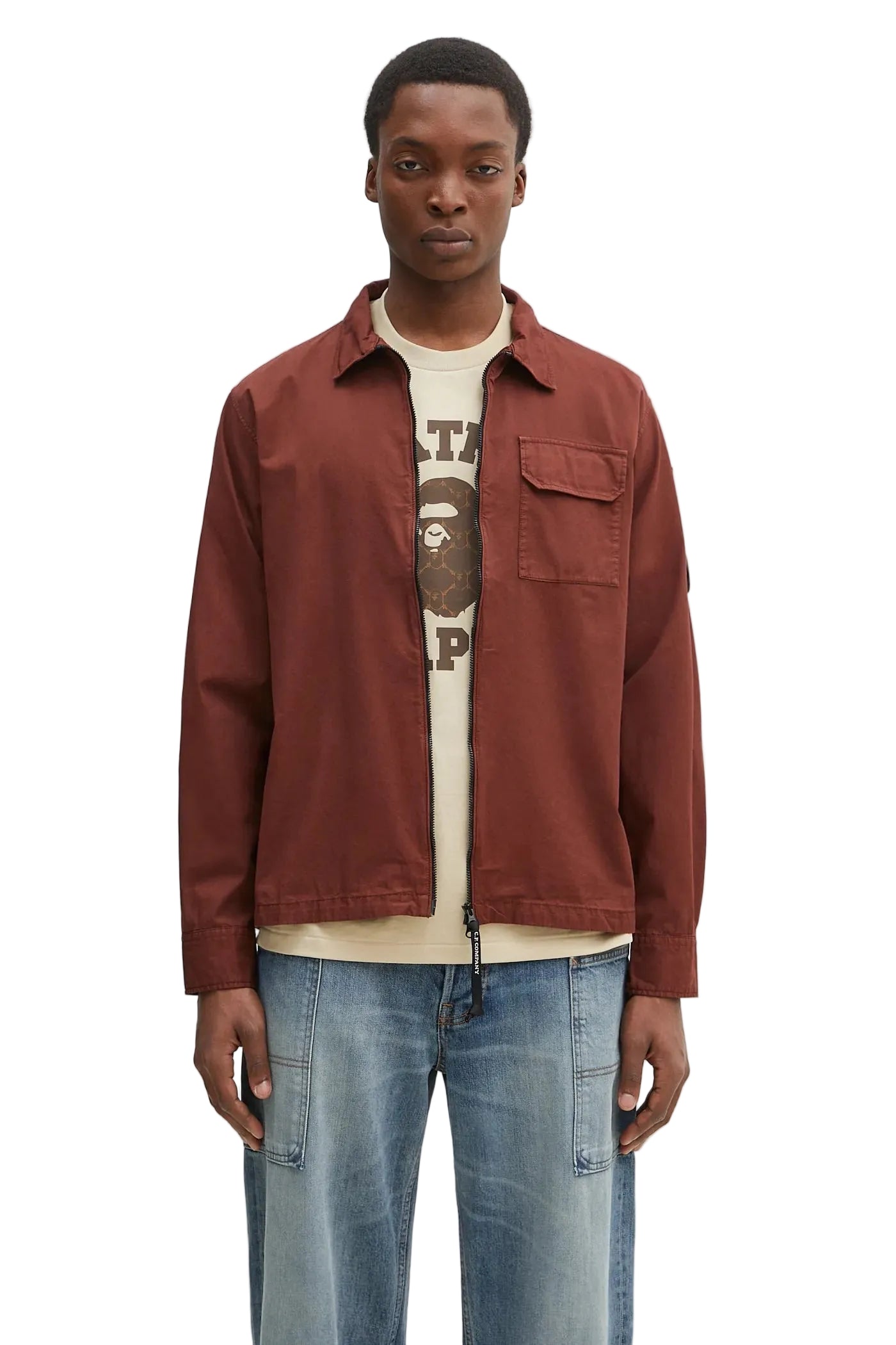 Cp Company 124A Organic Gabardine Lens Zip Overshirt In Sable