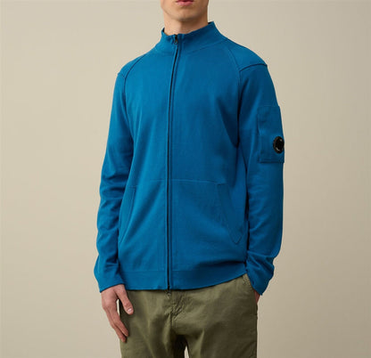 Cp Company Sea Island Knitted Full Zip Lens Cardigan In Blue