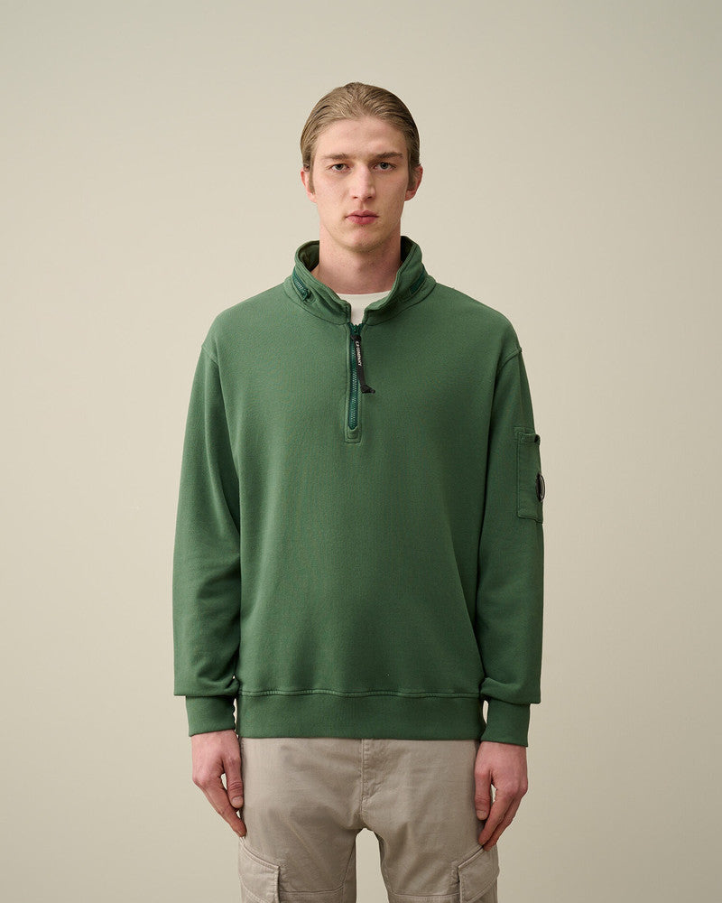 Cp Company 019A Garment Dyed Half Zip Polo Collar Lens Sweatshirt In Duck Green