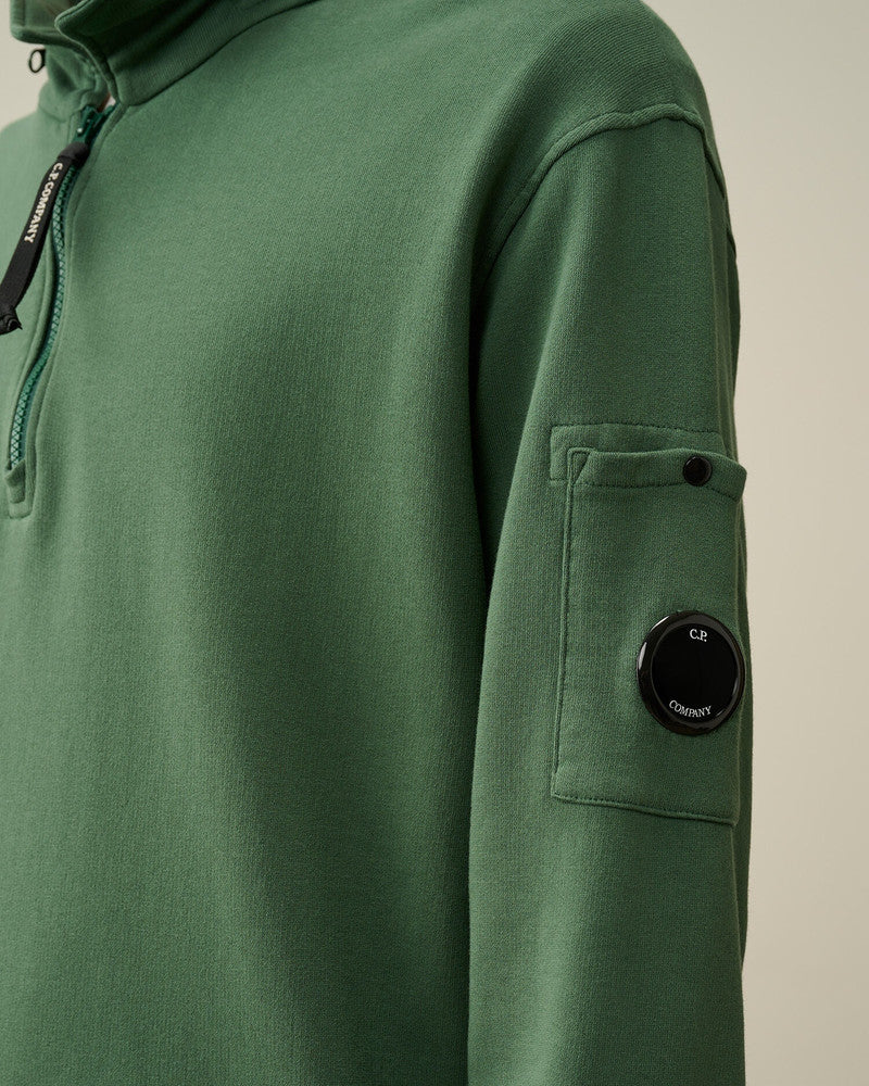 Cp Company 019A Garment Dyed Half Zip Polo Collar Lens Sweatshirt In Duck Green