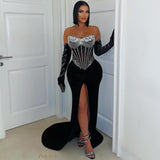 Load image into Gallery viewer, Monte corset crystal dress w/gloves (Black/silver)