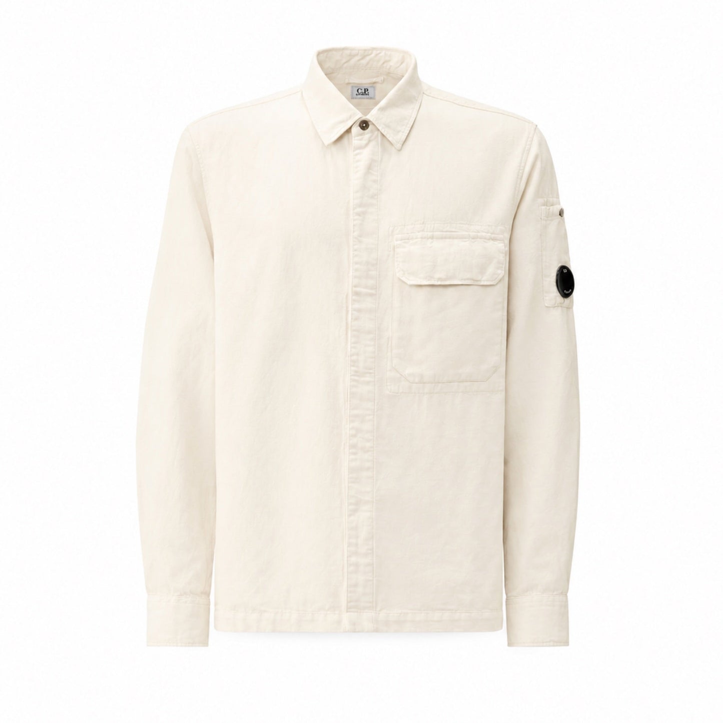 Cp Company Broken Linen / Cotton Lens Overshirt In White with Certilogo