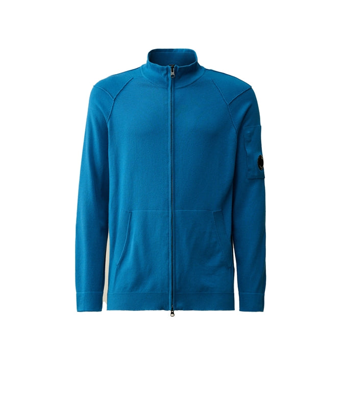 Cp Company Sea Island Knitted Full Zip Lens Cardigan In Blue