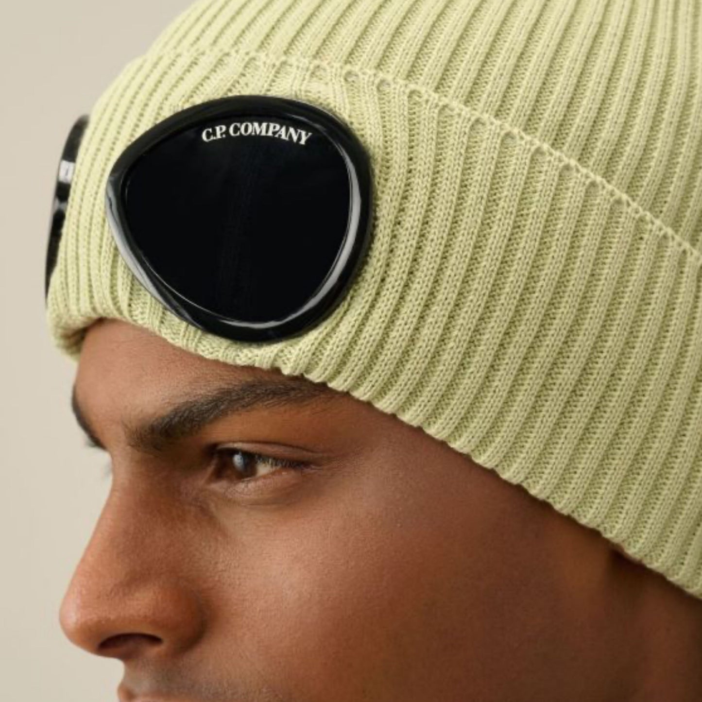 Cp Company Cotton Goggle Beanie In White Pear Green