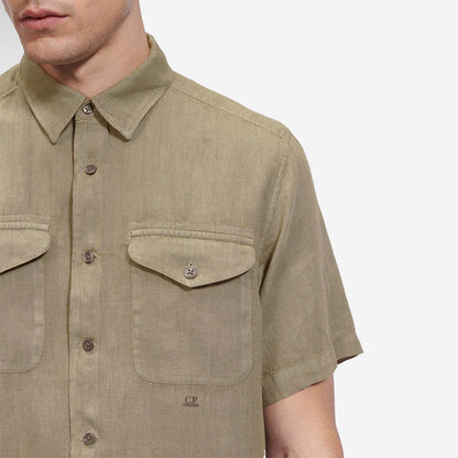 Cp Company Short Sleeve Logo Linen Shirt In Cobblestone