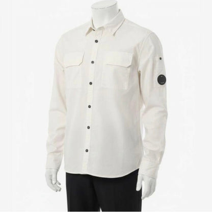 Cp Company Gabardine Lens Button Overshirt In White with Certilogo