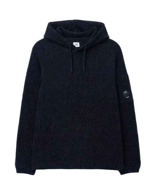 Cp Company Chenille Hooded Waffle Knit Lens Sweatshirt In Navy