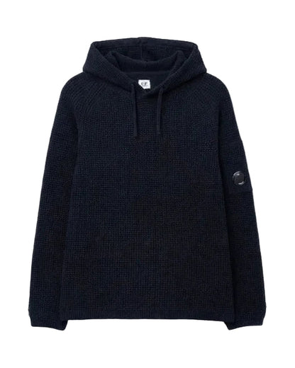 Cp Company Chenille Hooded Waffle Knit Lens Sweatshirt In Navy
